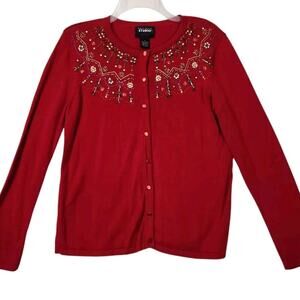 VTG 9Os CHRISTMAS SWEATER CARDIGAN RED BUTTON UP BEADED FANCY 100% COTTON SMALL